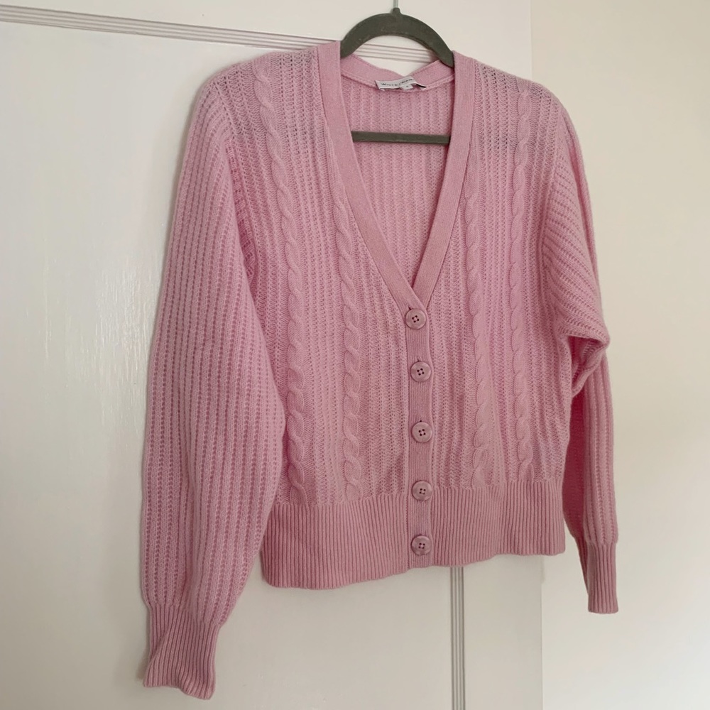 NWOT White + Warren Cashmere Blouson Sleeve Cable Cardigan in Pink Tourmaline